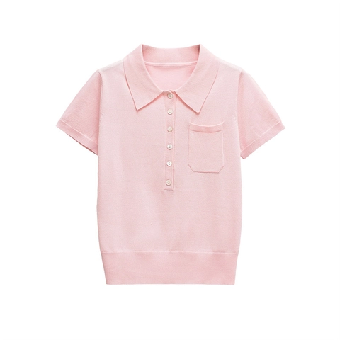 Maglia Polo Donna Manica Corta in Maglia Tinta Unita Bottoni Taschino Finiture a Costine Casual Slim Fit Misto Cotone Mercerizzato