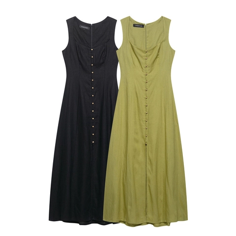 Women Sleeveless Square Neck Midi Dress Button Front High Waist A-Line Casual Summer Elegant Solid Color Maxi Dress