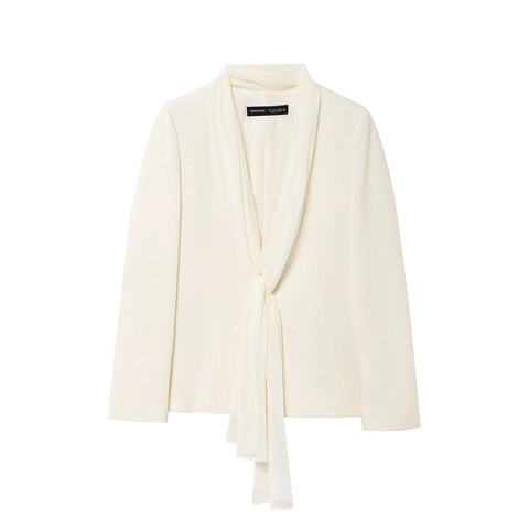 Γυναικείο Casual Polyester Blazer με Γιακά Κορδέλα Και Ψηλόμεσο Ίσιο Παντελόνι Κομψό Γυναικείο Σύνολο Γραφείου