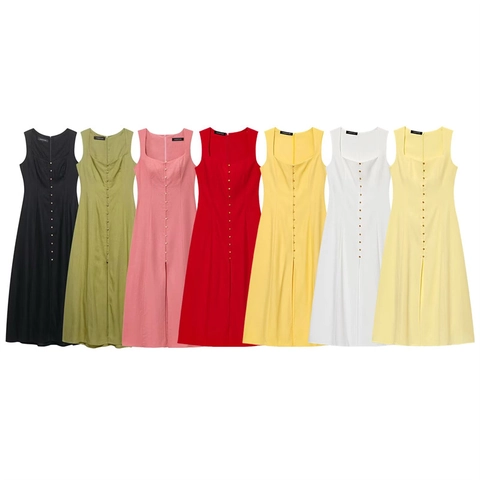 Women Sleeveless Square Neck Midi Dress Button Front High Waist A-Line Casual Summer Elegant Solid Color Maxi Dress