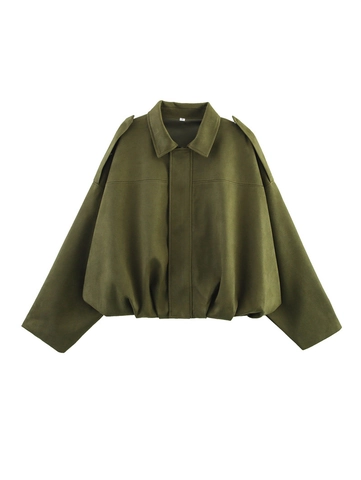 Giacca Bomber Donna Texture Scamosciata Top Shorts Gonna Verde Militare Stile Street Occidentale Oversize Zip Capispalla Casual