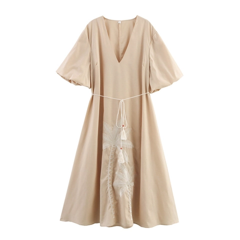 Elegante Plus Size Maxi Jurk Met V-Hals En Pofmouwen Kokosboom Borduurwerk En Tassel Taille Riem Zomer Vakantie Jurk