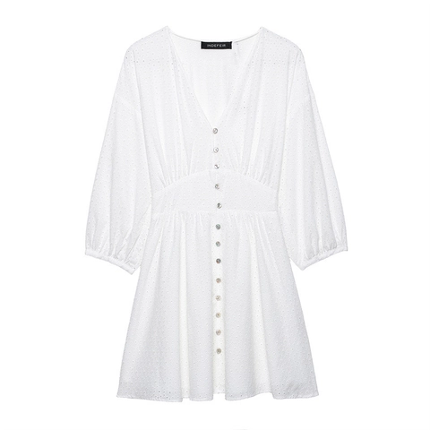 Women White Eyelet Embroidery Mini Dress French Style V Neck Lantern Sleeve Button Decoration High Waist Casual Short Dress