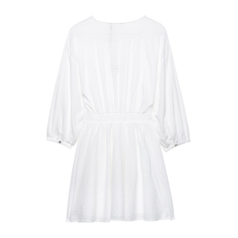 Women White Eyelet Embroidery Mini Dress French Style V Neck Lantern Sleeve Button Decoration High Waist Casual Short Dress