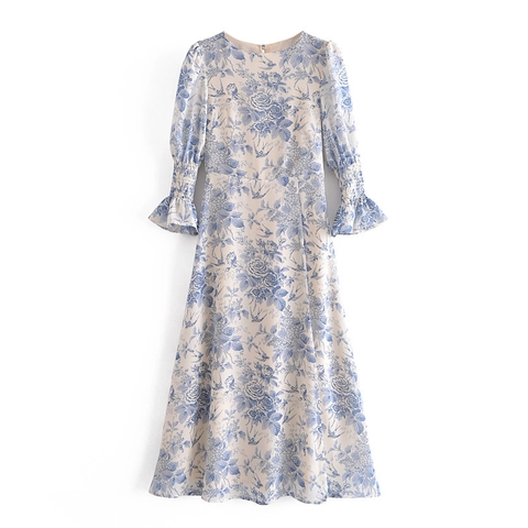 Elegantes Französisches Toile De Jouy Midi-Kleid Für Damen Mit Blumen- Und Vogelmuster Langarm Gesmokte Manschetten Rüschen Vintage Rundhals Kleid