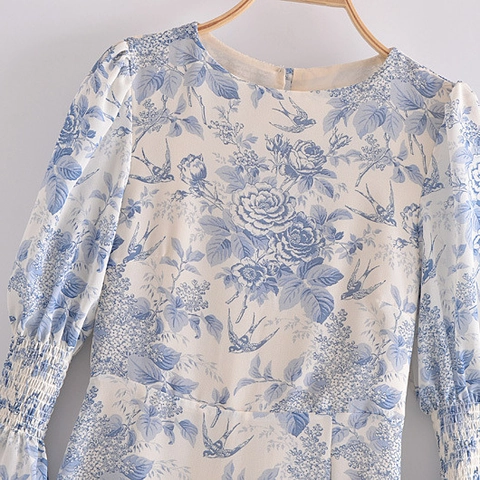 Elegantes Französisches Toile De Jouy Midi-Kleid Für Damen Mit Blumen- Und Vogelmuster Langarm Gesmokte Manschetten Rüschen Vintage Rundhals Kleid