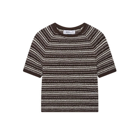 Top de Punto Pointelle a Rayas Horizontales para Mujer Marrón Blanco Cuello Redondo Manga Corta Calado Camiseta de Punto Vintage
