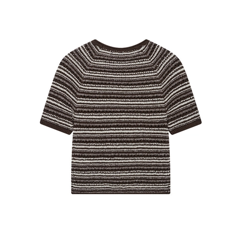 Top de Punto Pointelle a Rayas Horizontales para Mujer Marrón Blanco Cuello Redondo Manga Corta Calado Camiseta de Punto Vintage