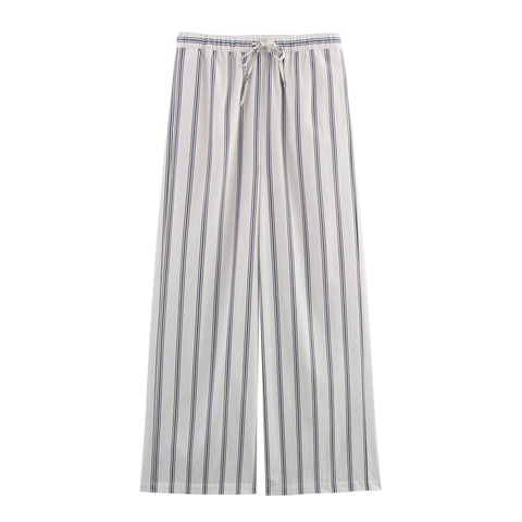 Pantaloni Donna Casual a Righe in Raso a Gamba Larga Vita Elastica Con Coulisse Pantaloni Dritti Larghi per Casa Tempo Libero