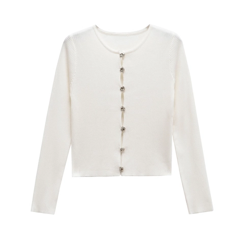 Cárdigan de Punto Acanalado para Mujer Mezcla de Algodón Manga Larga Cuello Redondo Corte Ajustado Suéter de Color Sólido Con Botones de Metal