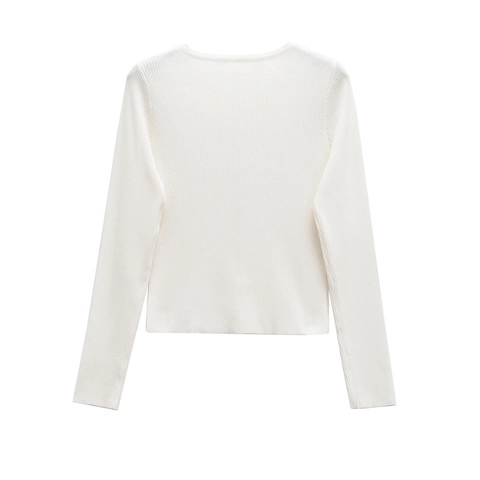 Cárdigan de Punto Acanalado para Mujer Mezcla de Algodón Manga Larga Cuello Redondo Corte Ajustado Suéter de Color Sólido Con Botones de Metal