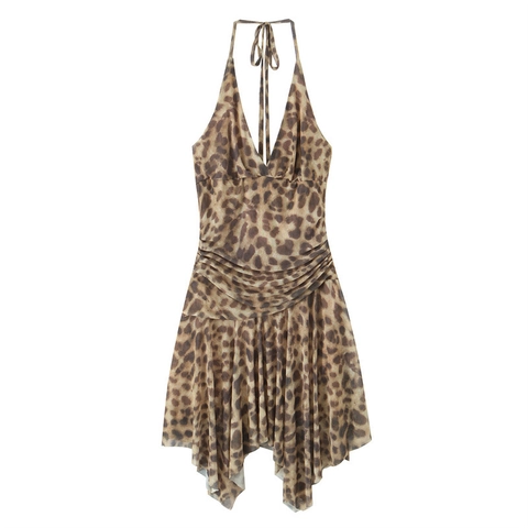 Vestido Mini de Malla con Estampado de Leopardo Sexy para Mujer con Cuello en V Profundo y Dobladillo Irregolare Sin Mangas Verano Fiesta Ajustado