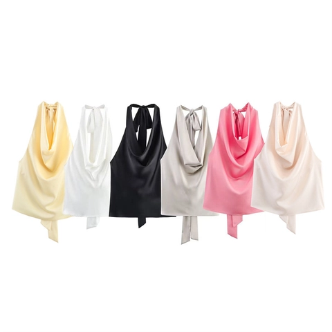 Dames Sexy Haltertop Satijn Open Rug Elegant Gedrapeerde Hals Mouwloos Effen Kleur Zomer Blouse