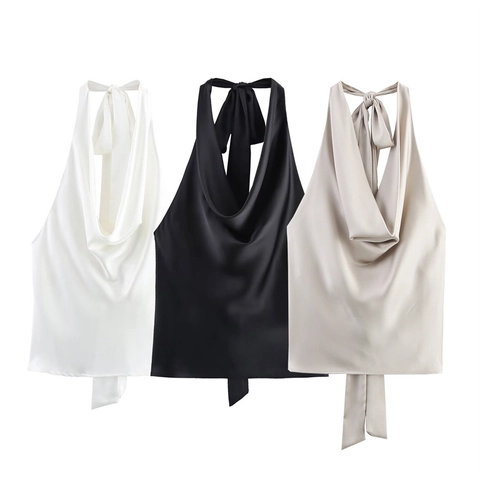 Dames Sexy Haltertop Satijn Open Rug Elegant Gedrapeerde Hals Mouwloos Effen Kleur Zomer Blouse