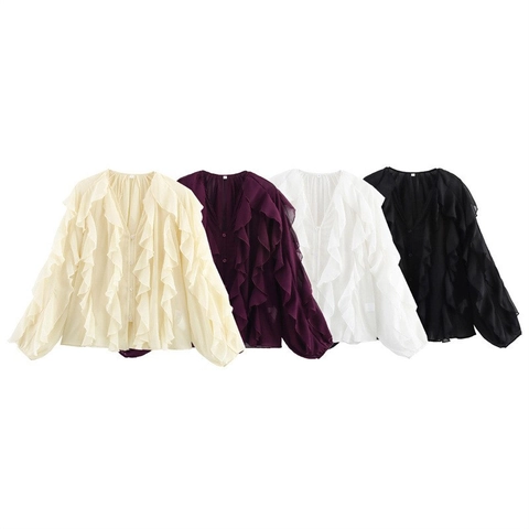 Elegante Camicetta in Chiffon con Scollo a V e Volant da Donna Manica Lunga Design a Strati Tinta Unita Camicia Casual Vintage