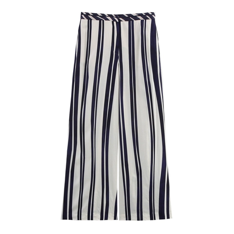 Pantaloni a Gamba Larga a Vita Alta da Donna a Strisce Verticali in Raso Casual Pantaloni Larghi Blu Bianco Moda Streetwear