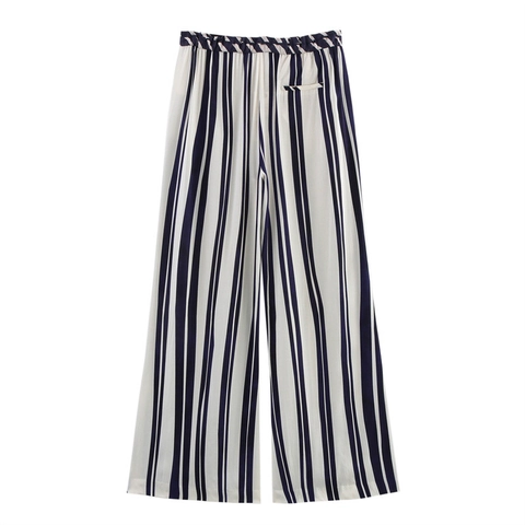 Pantaloni a Gamba Larga a Vita Alta da Donna a Strisce Verticali in Raso Casual Pantaloni Larghi Blu Bianco Moda Streetwear