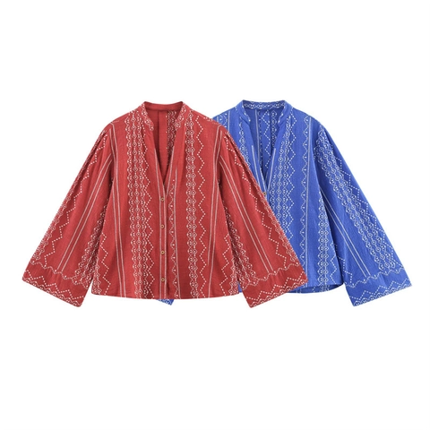 Dames Vintage Bohemian Geborduurde Blouse Lange Mouw V-Hals Knoopsluiting Geometrisch Etnisch Patroon Casual Polyester Shirt Top