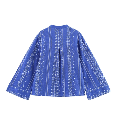 Dames Vintage Bohemian Geborduurde Blouse Lange Mouw V-Hals Knoopsluiting Geometrisch Etnisch Patroon Casual Polyester Shirt Top