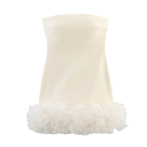 Damen Elegant Trägerlos Minikleid Off White Polyester Tüll Gestufter Rüschensaum Bodycon Party Abend Cocktailkleid