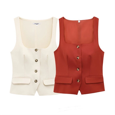 Women Fashion Square Neck Single Breasted Suit Vest Slim Fit Solid Color Sleeveless Top With Flap Pockets Office Wear