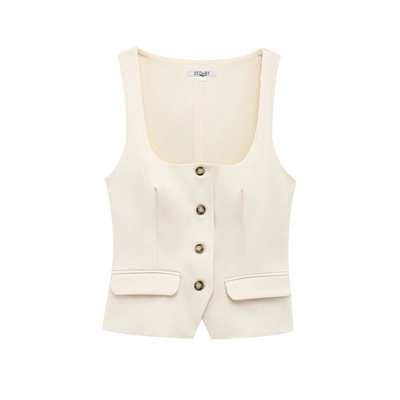 Women Fashion Square Neck Single Breasted Suit Vest Slim Fit Solid Color Sleeveless Top With Flap Pockets Office Wear