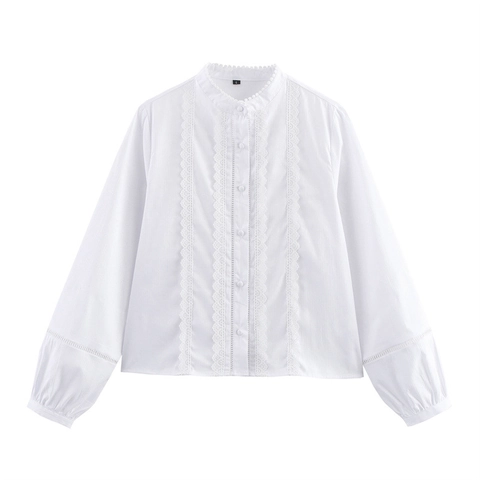 Vintage Weiße Spitzenbluse Für Damen Langarm Stehkragen Hohlstickerei Baumwollmischung Elegantes Hemd Damen Casual Oberteile