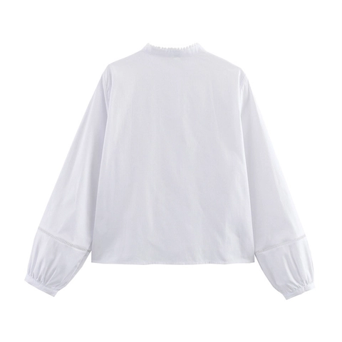 Vintage Weiße Spitzenbluse Für Damen Langarm Stehkragen Hohlstickerei Baumwollmischung Elegantes Hemd Damen Casual Oberteile