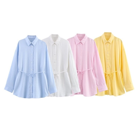 Dames Casual Lange Mouwen Linnen Blouse Trekkoord Taille Revers Knopen Effen Kleur Mode Lente Zomer Shirt Top