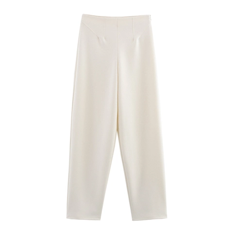 Damen High Waist Hose Mit Geradem Bein Minimalistische Einfarbige Off-White Baumwollmischung Hose Mit Unsichtbarem Seitenreißverschluss