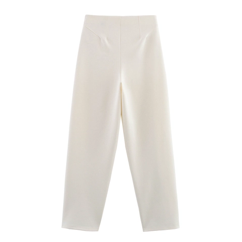 Damen High Waist Hose Mit Geradem Bein Minimalistische Einfarbige Off-White Baumwollmischung Hose Mit Unsichtbarem Seitenreißverschluss