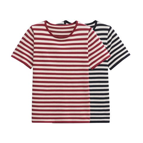 Dames Casual Gemerceriseerd Katoen Gestreepte T-Shirt Retro Korte Mouw Slanke Pasvorm Ronde Hals Top Rood Zwart Wit Basic Tee