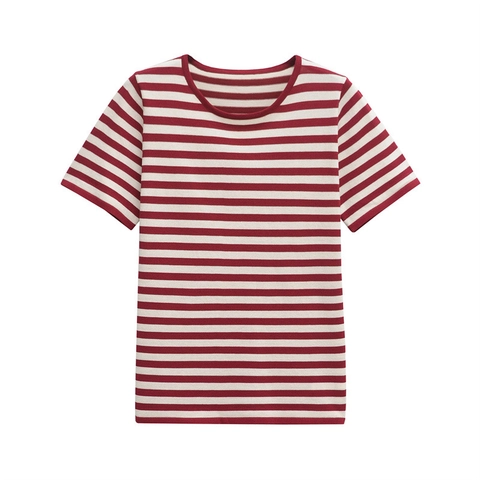 Dames Casual Gemerceriseerd Katoen Gestreepte T-Shirt Retro Korte Mouw Slanke Pasvorm Ronde Hals Top Rood Zwart Wit Basic Tee