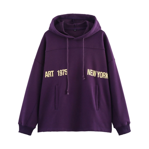 Women American Retro Purple Oversized Hoodie Long Sleeve Drawstring Hooded Sweatshirt Yellow New York Letter Print Cotton Blend