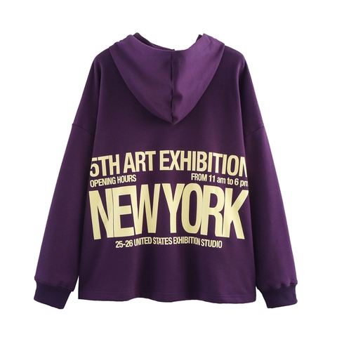Women American Retro Purple Oversized Hoodie Long Sleeve Drawstring Hooded Sweatshirt Yellow New York Letter Print Cotton Blend