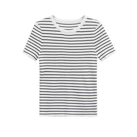 Dames Casual Gestreepte Gebreide Top Korte Mouw Ronde Hals Ribgebreid Gemerceriseerd Katoen T-Shirt Basic Daily Slim Fit Tee