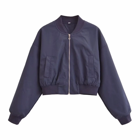 Damen Casual Marineblau Bomberjacke Lose Überschnittene Schulter Kurz Fliegerjacke Mit Rippbündchen Metallreißverschluss Einfarbig