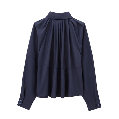 Damen Langarm Falten Popeline Hemd Umlegekragen Knöpfe Marineblau Elegant Lose Lässig Bluse Büro Dame Top