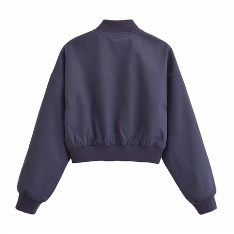 Damen Casual Marineblau Bomberjacke Lose Überschnittene Schulter Kurz Fliegerjacke Mit Rippbündchen Metallreißverschluss Einfarbig