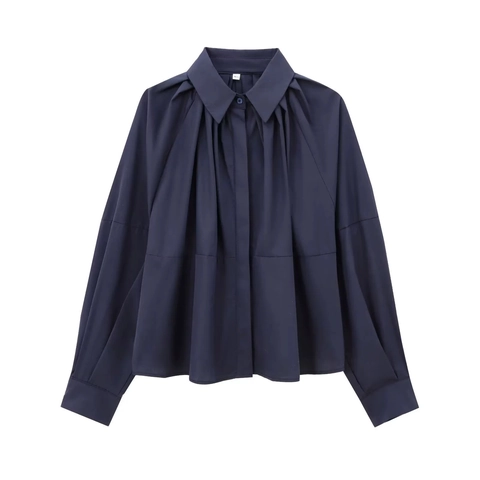 Damen Langarm Falten Popeline Hemd Umlegekragen Knöpfe Marineblau Elegant Lose Lässig Bluse Büro Dame Top