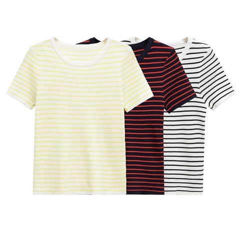 Dames Casual Gestreepte Gebreide Top Korte Mouw Ronde Hals Ribgebreid Gemerceriseerd Katoen T-Shirt Basic Daily Slim Fit Tee