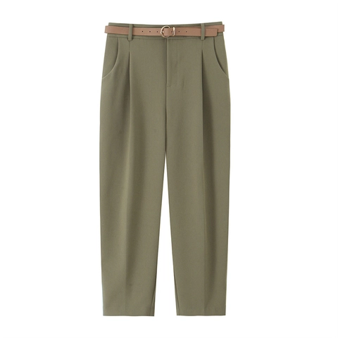 Pantaloni da Abito a Gamba Dritta a Vita Alta da Donna Pantaloni Plissettati Casual Con Cintura Marrone Tinta Unita Moda Ufficio