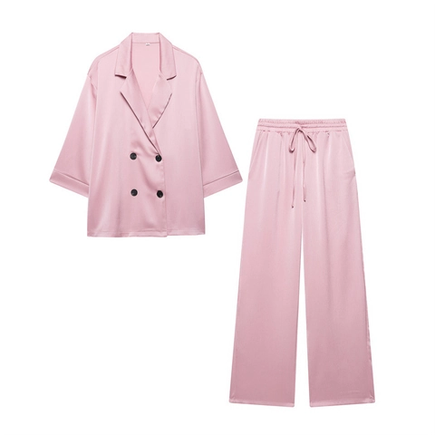 Dames Casual Satijnen Pak Set Kreukeleffect Double Breasted Blazer Driekwart Mouwen Wijde Broek Twee Delige Set Top Broek