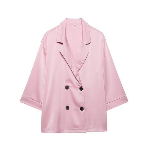 Dames Casual Satijnen Pak Set Kreukeleffect Double Breasted Blazer Driekwart Mouwen Wijde Broek Twee Delige Set Top Broek