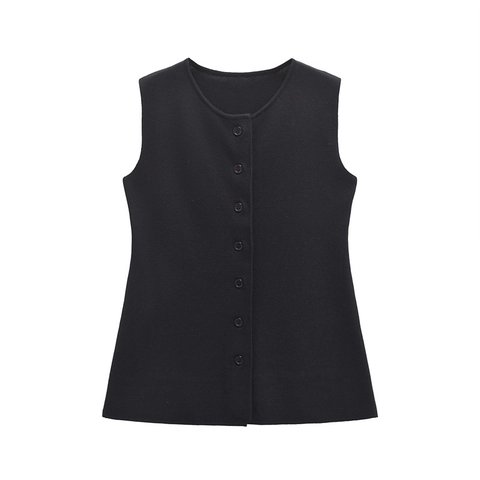 Women's Casual Mercerized Cotton Knitted Vest Round Neck Single Breasted Sleeveless Slim Fit Solid Black Waistcoat Top