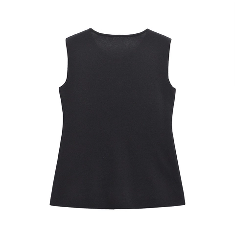 Women's Casual Mercerized Cotton Knitted Vest Round Neck Single Breasted Sleeveless Slim Fit Solid Black Waistcoat Top