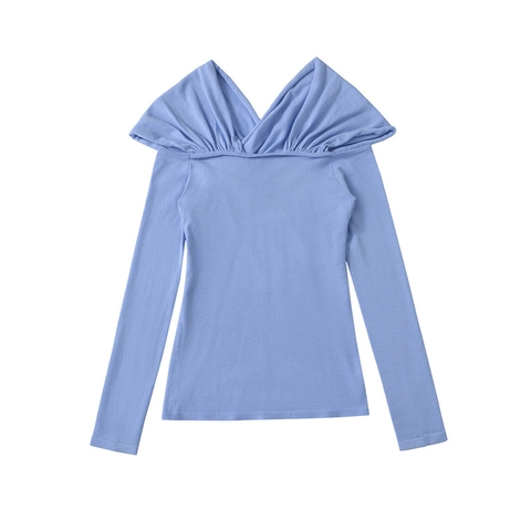 Women Casual Cross V-Neck Knitted Top Slim Fit Ruched Long Sleeve Solid Color Polyester Sweater Pullover Fashion Clothing