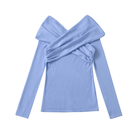 Women Casual Cross V-Neck Knitted Top Slim Fit Ruched Long Sleeve Solid Color Polyester Sweater Pullover Fashion Clothing