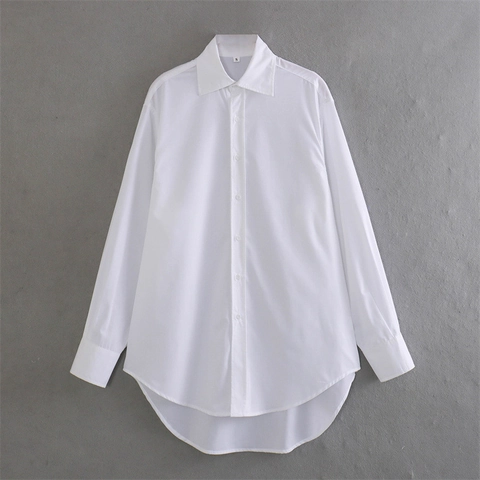 Dames Casual Witte Revers Lange Mouw Button Down Blouse Overhemd Met High-Low Zoom Minimalistisch Effen Polyester Katoen Top
