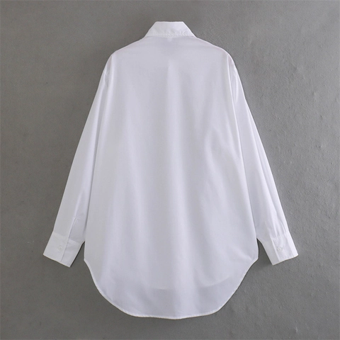 Dames Casual Witte Revers Lange Mouw Button Down Blouse Overhemd Met High-Low Zoom Minimalistisch Effen Polyester Katoen Top